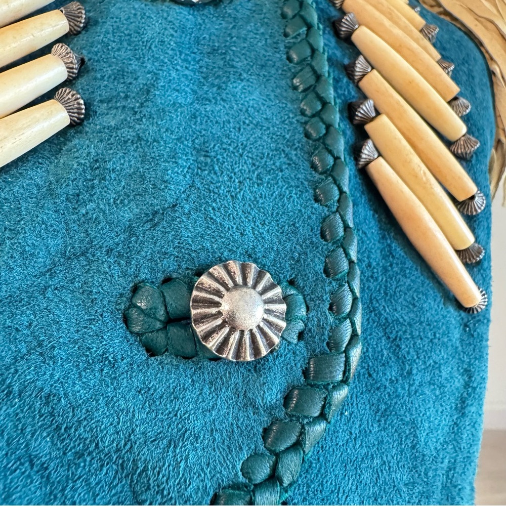 Vintage Teal Leather Jacket with Fringe - Picture 4 of 10